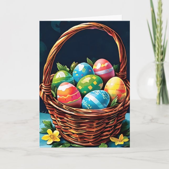 Tarjeta Festiva Cesta de Pascua con huevos y flores (Anverso)