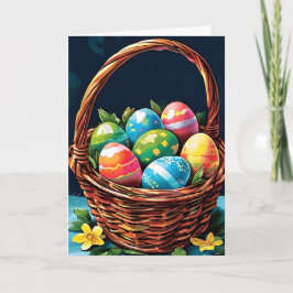 Tarjeta Festiva Cesta de Pascua con huevos y flores