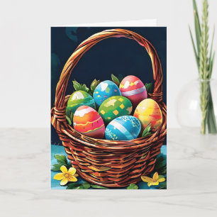 Tarjeta Festiva Cesta de Pascua con huevos y flores