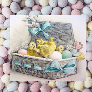 Tarjeta Festiva Cesta de Pascua con pollitos, huevos y flores