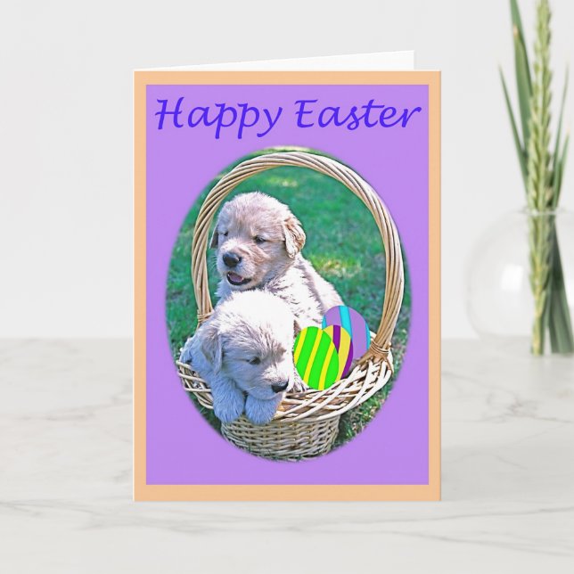 Tarjeta Festiva Cesta de Pascua del perrito del golden retriever (Anverso)