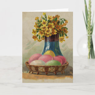 Tarjeta Festiva Cesta de Pascua Huevos Flores Antigua