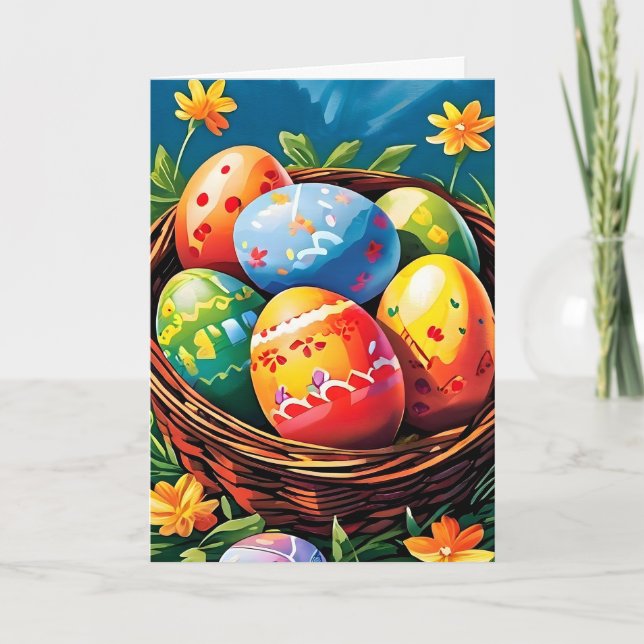 Tarjeta Festiva Cesta de Pascua llena de huevos (Anverso)