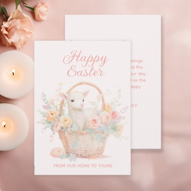 Tarjeta Festiva Cesta de Pascua Peach Peach Lamb Floral (Lamb Easter greeting card)