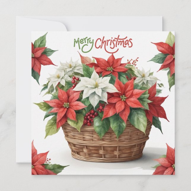 Tarjeta Festiva Cesta de Poinsettia navideña (Anverso)