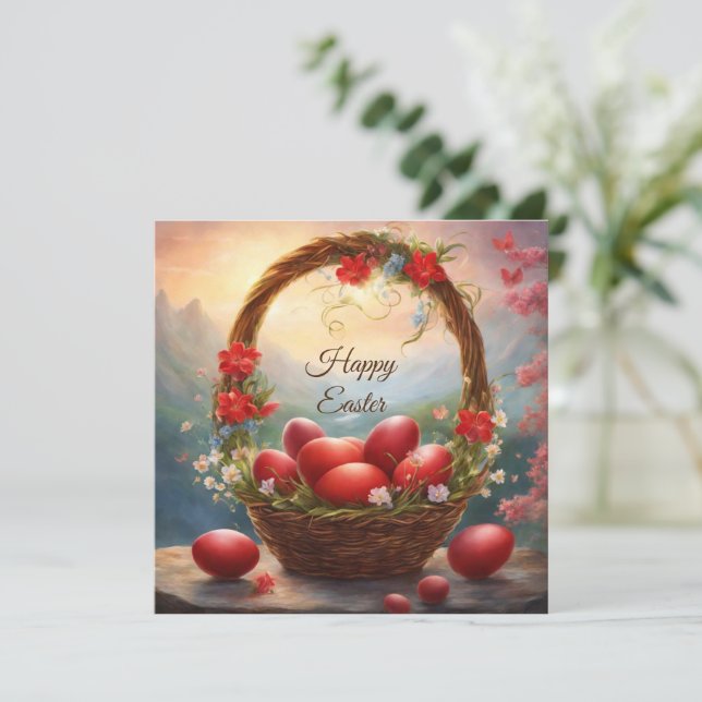 Tarjeta Festiva Cesta feliz de Pascua con huevos (Anverso de pie)