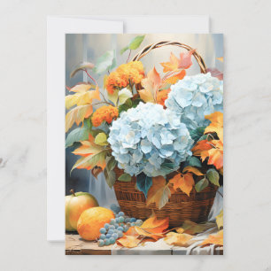 Tarjeta Festiva Cesta Floral de Otoño con Acuarela Rústica