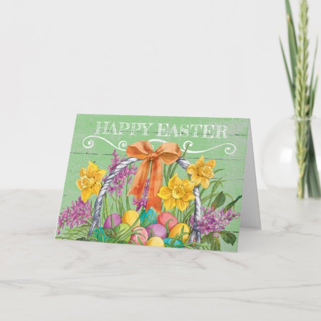 Tarjeta Festiva Cesta floral rústica feliz de Pascua con huevos (Anverso)