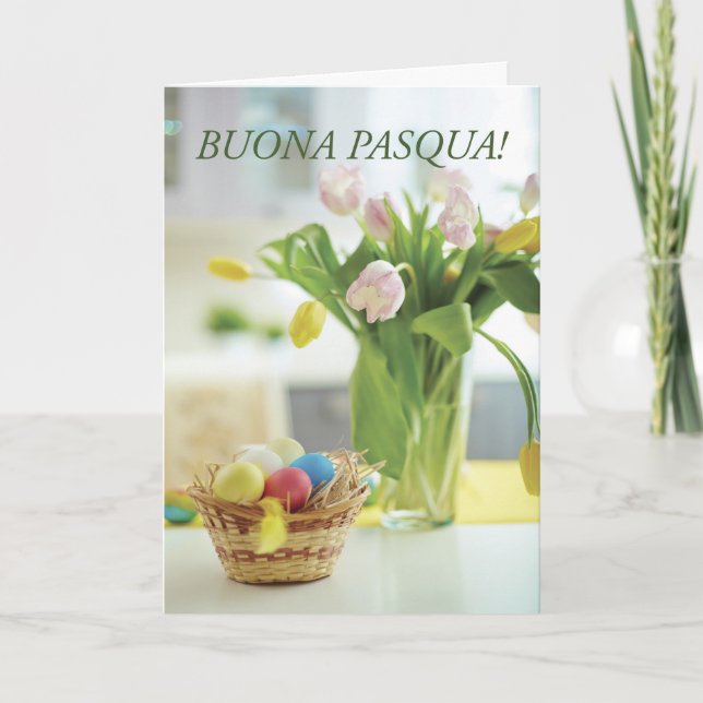 Tarjeta Festiva Cesta italiana de Pascua con flores (Anverso)