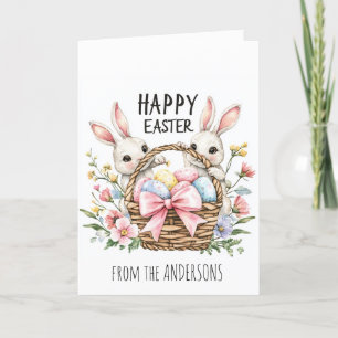 Tarjeta Festiva Cesta llena de huevos y dos conejillos