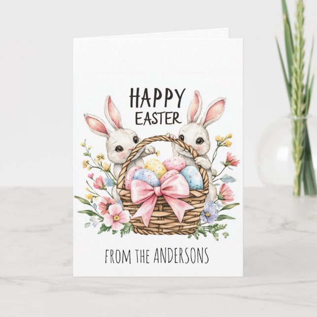 Tarjeta Festiva Cesta llena de huevos y dos conejos (Anverso)