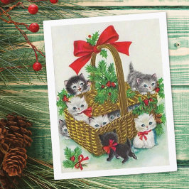 Tarjeta Festiva Cesta Navideña Vintage Llena De Gatitos