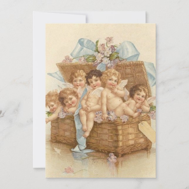 Tarjeta Festiva Cesta Vintage Llena De Angel Cherubs (Anverso)