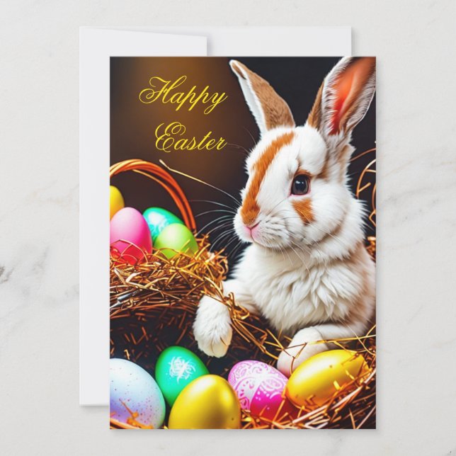 Tarjeta Festiva Cesto de conejo de Pascua y huevos (Anverso)
