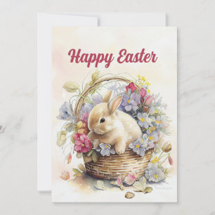 Tarjeta Festiva Cesto de flores de conejo blanco vintage Feliz Pas