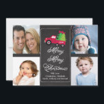 Tarjeta Festiva Chalkboard Christmas Tree 4 Photo Greet Card<br><div class="desc">Popular y de moda tarjeta de saludo de fotos de navidades de vacaciones para cuatro fotos familiares con navidades lindos recogiendo un camión con bonitos árboles de navidad y un arco rojo montado en una elegante pizarra negra de moda y moda. Una tarjeta de navidades para mostrar a tu hermosa...</div>