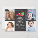 Tarjeta Festiva Chalkboard Christmas Tree 4 Photo Greet Card<br><div class="desc">Popular y de moda tarjeta de saludo de fotos de navidades de vacaciones para cuatro fotos familiares con navidades lindos recogiendo un camión con bonitos árboles de navidad y un arco rojo montado en una elegante pizarra negra de moda y moda. Una tarjeta de navidades para mostrar a tu hermosa...</div>