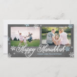 Tarjeta Festiva Chalkboard Happy Hanukkah Snowflakes<br><div class="desc">2 Foto tarjeta Hanukkah con copos de nieve,  guión y fondo de pizarra de moda.</div>