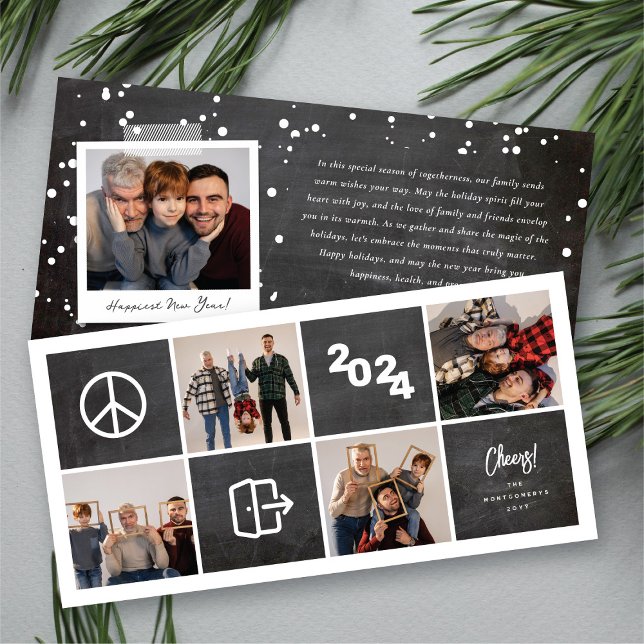 Tarjeta Festiva Chalkboard Peace Out 2024 Blocks 4 Collage de foto (Chalkboard Peace Out 2024 Blocks 4 Photo Collage Holiday Card @ fat_fa_tin)