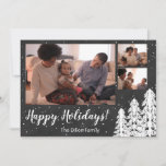 Tarjeta Festiva Chalkboard Snowly Pine Tree Holiday<br><div class="desc">Déjalo nevar con esta rica colección de vacaciones de estilo joya. Las fotos de personalizable son el foco del diseño, acentuado por los pinos Navidades blancos en las esquinas. La nieve cae en el fondo para agregar textura. Un saludo de personalizable en un guión de una casa de campo le...</div>