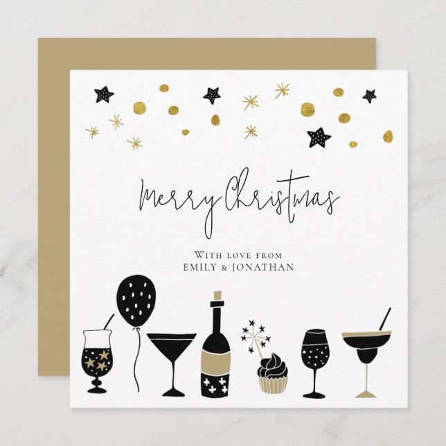 Tarjeta Festiva Champagne Coctail Gold Black Merry Christmas (Anverso / Reverso)