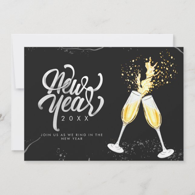 Tarjeta Festiva Champagne Gold Black Wine Glass Confetti Moderno (Anverso)