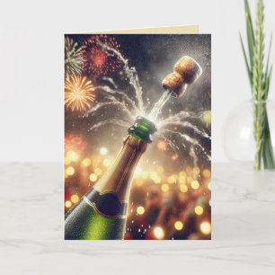 Tarjeta Festiva Champán de Año Nuevo con corcho que salta