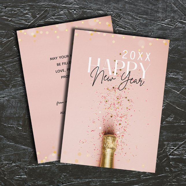 Tarjeta Festiva Champán rosa Feliz Año Nuevo Saludo (Pink Champagne Happy New Year Greeting Holiday Cards - INSTANT DOWNLOAD and or PRINTED or both!)