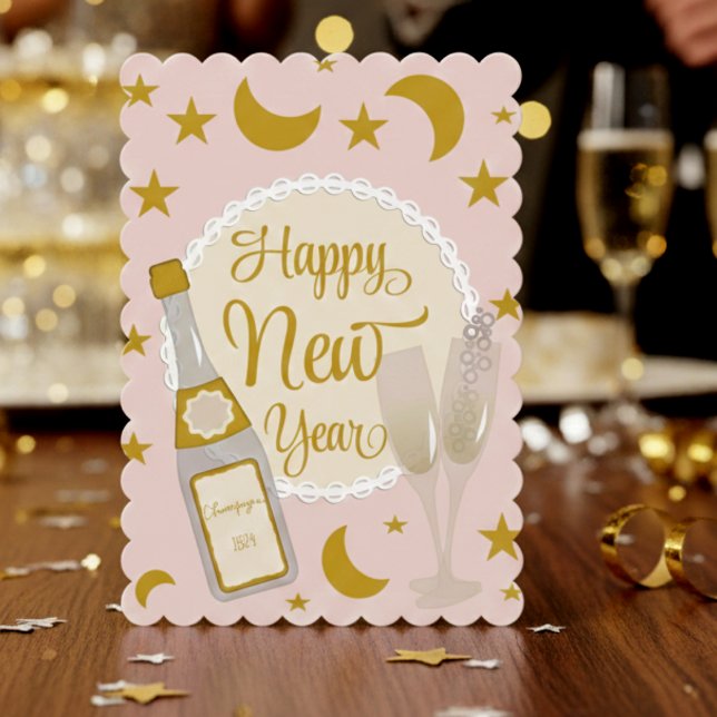 Tarjeta Festiva Champange Pink And Gold New Years Card (Cute customizable in shades of pink, gold and silver that is just perfect for that special someone)