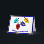 Tarjeta Festiva Chanukah feliz Dreidels<br><div class="desc">Cuatro Chanukah Dreidels en colores brillantes con las palabras Chanukah feliz debajo</div>