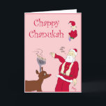 Tarjeta Festiva Chappy Chanukah<br><div class="desc">Esta carta tiene un Santa al estilo de un rabino,  un elfo tocando dreidel y el reno de la Rednosa con una menorah en lugar de cánticos.  Sí,  bonito a la típica familia interreligiosa.</div>