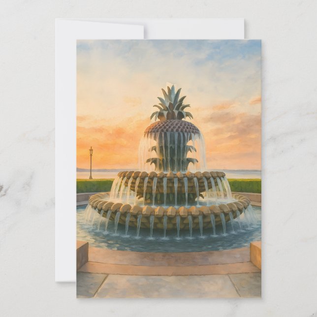 Tarjeta Festiva Charleston Pineapple Fountain Acuarela Sunset (Anverso)