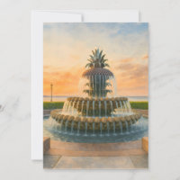 Charleston Pineapple Fountain Acuarela Sunset