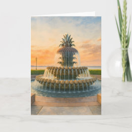 Tarjeta Festiva Charleston Pineapple Fountain Acuarela Sunset