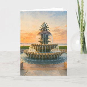 Tarjeta Festiva Charleston Pineapple Fountain Acuarela Sunset