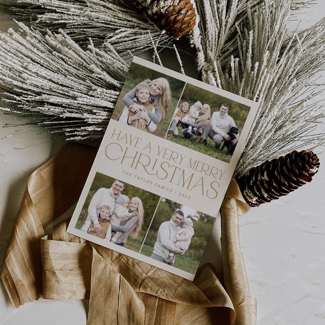 Tarjeta Festiva CHARLIE Gold Familia Simple Navidades multifoto (CHARLIE Gold Simple Family Multi Photo Christmas Holiday Card)