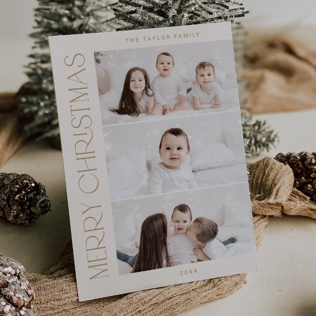 Tarjeta Festiva CHARLIE Gold Impreso 3 Navidades de fotografía fam (CHARLIE Gold Printable 3 Family Photo Christmas Holiday Card)