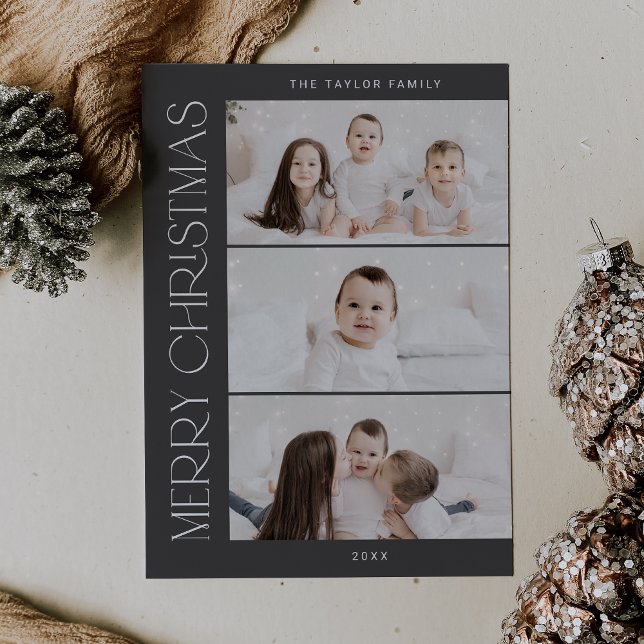 Tarjeta Festiva CHARLIE Gray Printable 3 Navidades de fotografía f (CHARLIE Gray Printable 3 Family Photo Christmas Holiday Card)