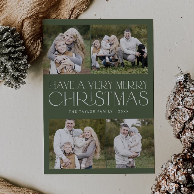 Tarjeta Festiva CHARLIE Green Simple Family Multi Photo Navidades (CHARLIE Green Simple Family Multi Photo Christmas Holiday Card)