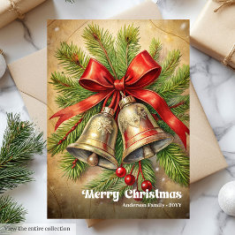 Tarjeta Festiva Charming Christmas bells classic holly berries