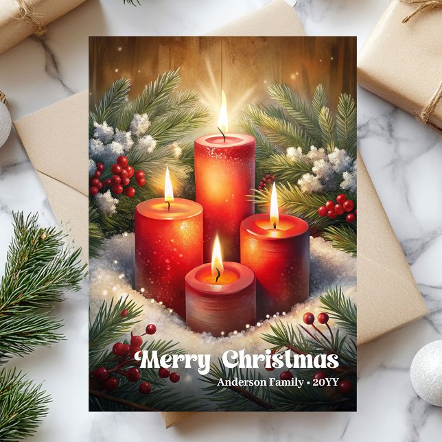 Tarjeta Festiva Charming Christmas candles classic holly berries (Charming Christmas candles classic holly berries Holiday Card)