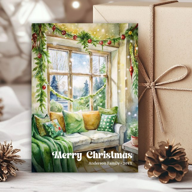 Tarjeta Festiva Charming Christmas scene card classic red green   (Charming Christmas scene card classic red green tag

)