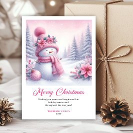 Tarjeta Festiva Charming Pink Snowman Kids Editable Christmas Card