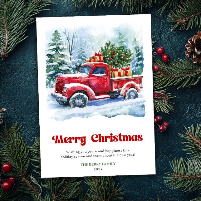 Tarjeta Festiva Charming red truck christmas scene rustic card  (Charming red truck christmas scene rustic card design)