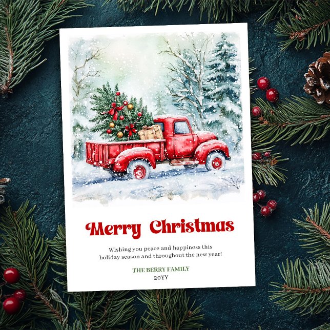 Tarjeta Festiva Charming Rustic Red Truck Christmas Scene Holiday  (Charming Rustic Red Truck Christmas Scene Holiday Card)