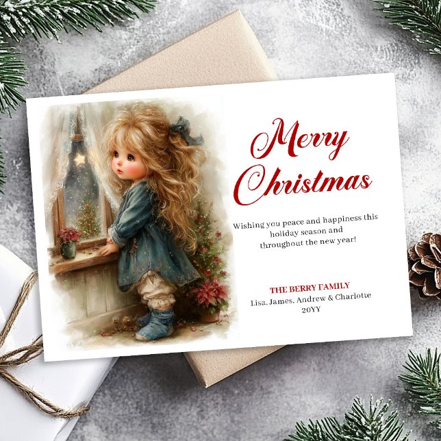 Tarjeta Festiva Charmingly Little Girl Awaits Santa Digital   (Charmingly Little Girl Awaits Santa Digital Holiday Card)