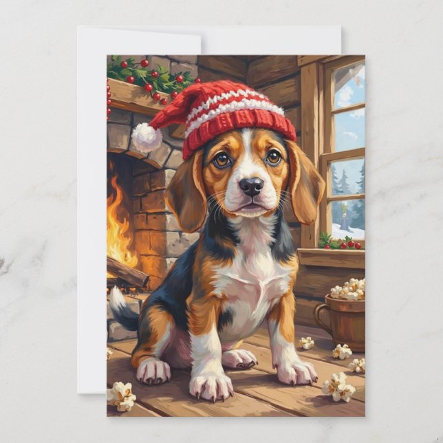 Tarjeta Festiva Cheerful Beagle Puppy in Stocking Cap Cozy (Anverso)