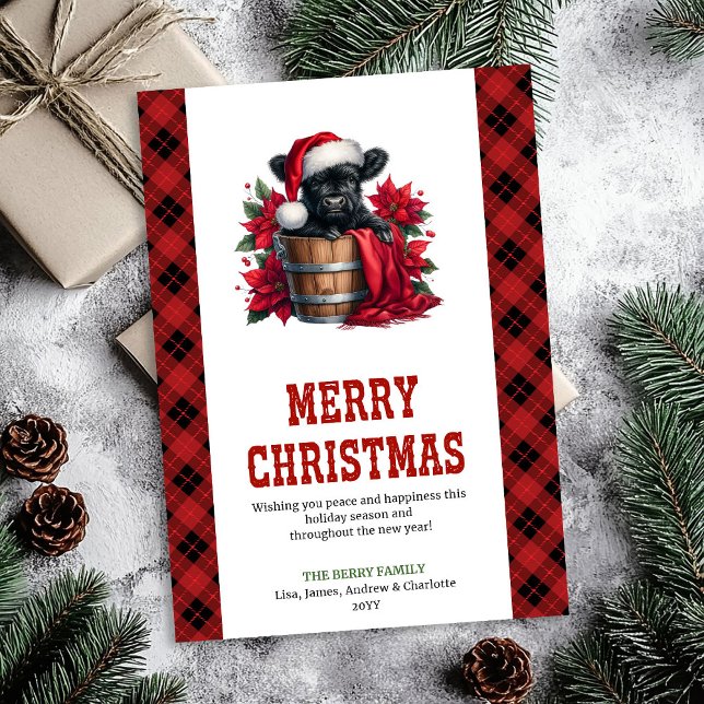 Tarjeta Festiva Cheerful highland cow card red poinsettia digital (Cheerful highland cow card red poinsettia digital)