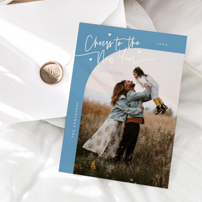 Tarjeta Festiva Cheers New Year Denim Blue Curved Frame Photo (Subido por el creador)