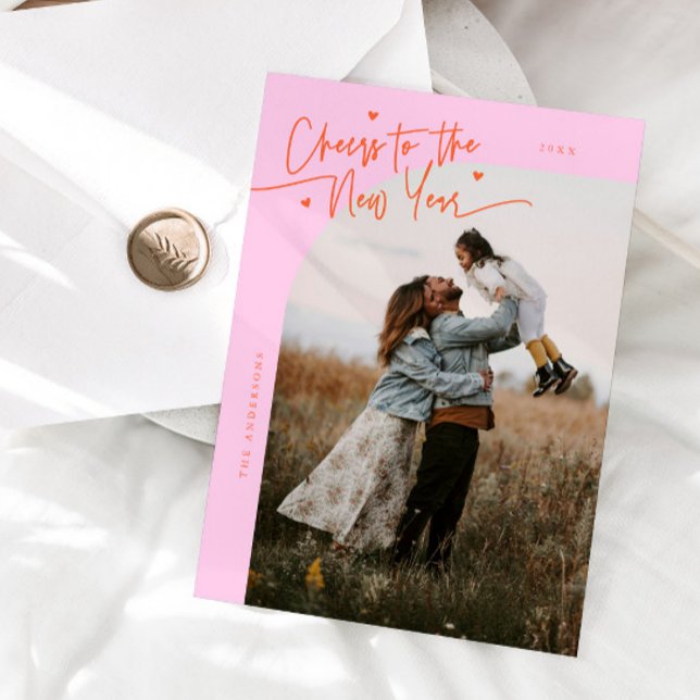 Tarjeta Festiva Cheers New Year Orange Pink Curved Frame Photo (Subido por el creador)